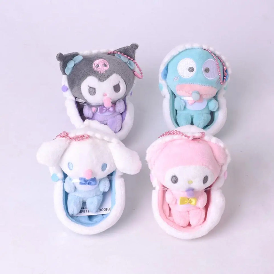 Sanrio Keychain Kawaii 10Cm Plush Kuromi Cinnamoroll Baby Carriage Stroller Doll Toys Gifts My Melody for Friends Childrens